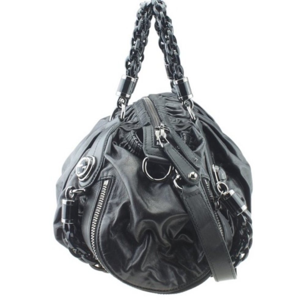 GUCCI Galaxy Two-Way Bag Black Leather Vintage Medium Satchel Purse Silver Chain - Picture 11 of 13